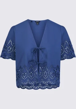 Dolly Women's Short-Sleeve Tie Front Crop Blouse, Navy - WT0104S