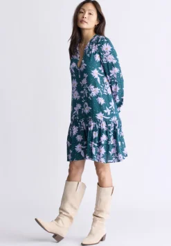 Dovie Women's Floral-Print Long-Sleeve Tiered Short Dress, Green & Purple - WD0057F