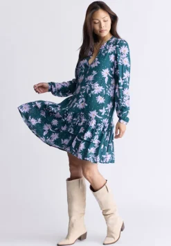 Dovie Women's Floral-Print Long-Sleeve Tiered Short Dress, Green & Purple - WD0057F
