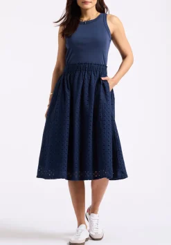 Drea Women's Tank Dress with Eyelet Embroidered Skirt, Navy - WD0067P