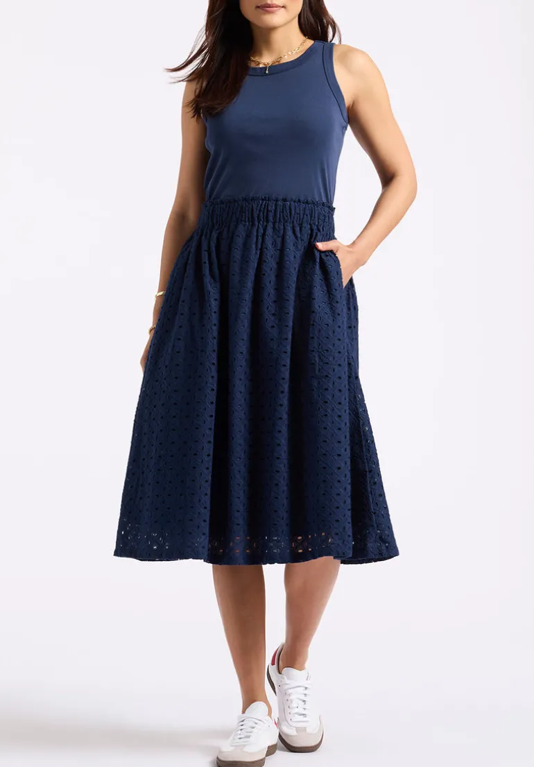 Drea Women's Tank Dress with Eyelet Embroidered Skirt, Navy - WD0067P