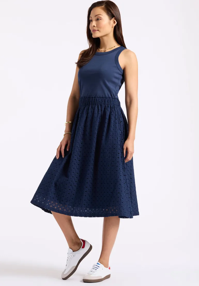 Drea Women's Tank Dress with Eyelet Embroidered Skirt, Navy - WD0067P
