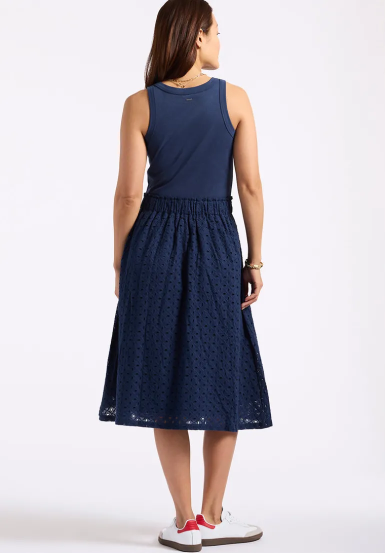 Drea Women's Tank Dress with Eyelet Embroidered Skirt, Navy - WD0067P