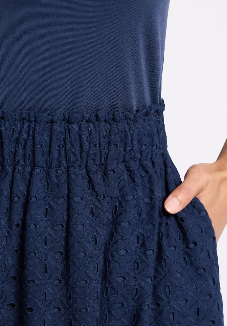 Drea Women's Tank Dress with Eyelet Embroidered Skirt, Navy - WD0067P