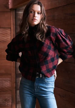 Ellera Women's Long-sleeve Plaid Shirt, Black & Red - WT0069F