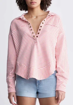 Ellowynne Women’s Striped Sweatshirt, White & Red - KT0099P