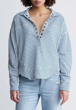 Ellowynne Women’s Striped Sweatshirt, White & Blue - KT0099P