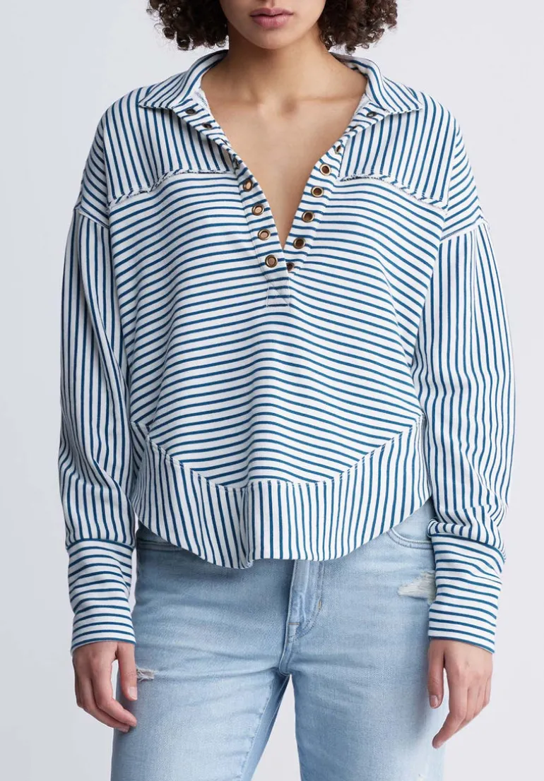 Ellowynne Women’s Striped Sweatshirt, White & Blue - KT0099P