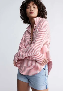 Ellowynne Women’s Striped Sweatshirt, White & Red - KT0099P