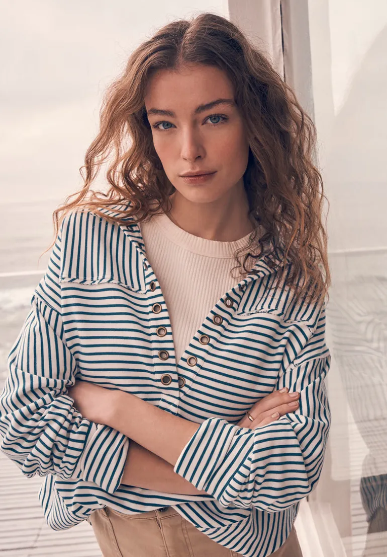 Ellowynne Women’s Striped Sweatshirt, White & Blue - KT0099P