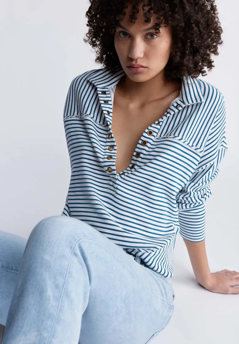 Ellowynne Women’s Striped Sweatshirt, White & Blue - KT0099P