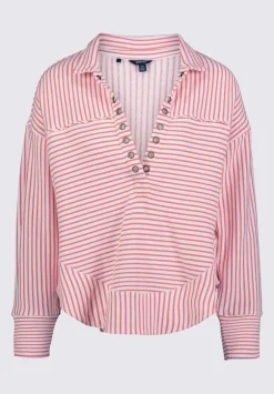 Ellowynne Women’s Striped Sweatshirt, White & Red - KT0099P