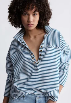 Ellowynne Women’s Striped Sweatshirt, White & Blue - KT0099P
