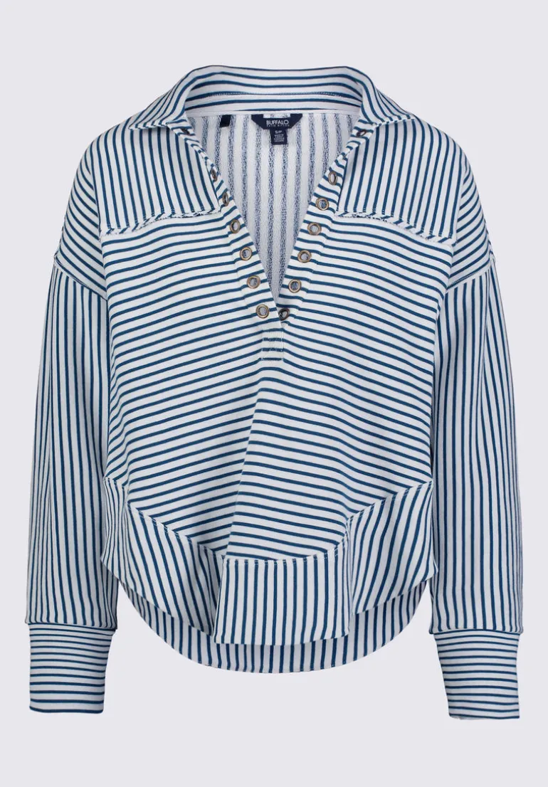 Ellowynne Women’s Striped Sweatshirt, White & Blue - KT0099P