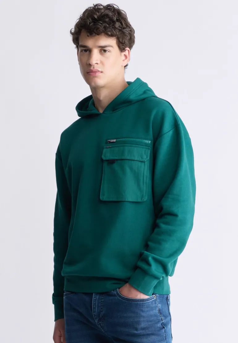 Fabio Men's Hooded Sweatshirt with Chest Pocket, Forest Green - BM24393