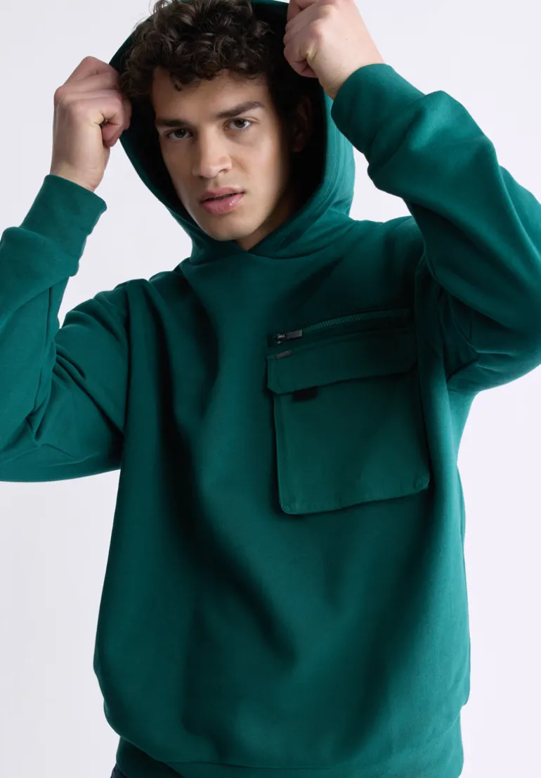 Fabio Men's Hooded Sweatshirt with Chest Pocket, Forest Green - BM24393