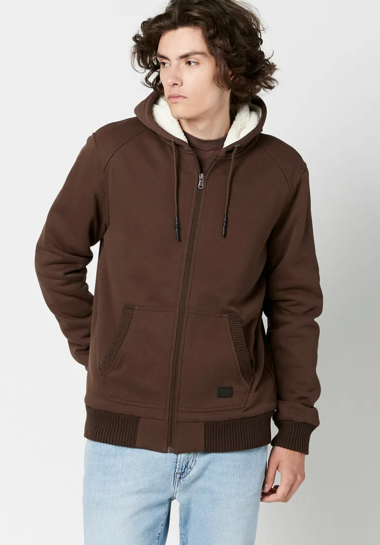 Fasox Men's Zip-Up Hooded Jacket with Sherpa Lining, Chocolate - BM23800