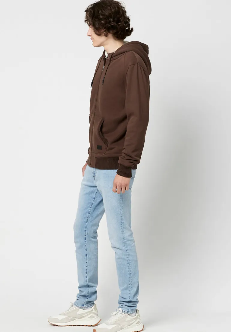 Fasox Men's Zip-Up Hooded Jacket with Sherpa Lining, Chocolate - BM23800