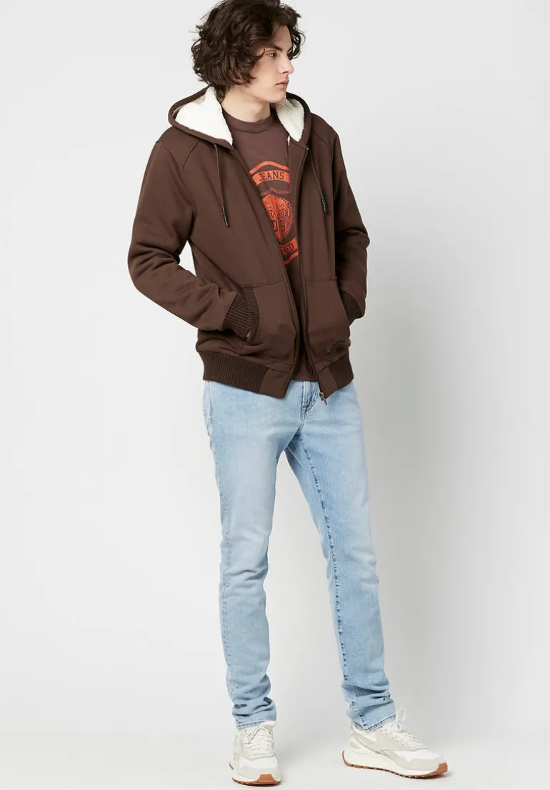 Fasox Men's Zip-Up Hooded Jacket with Sherpa Lining, Chocolate - BM23800