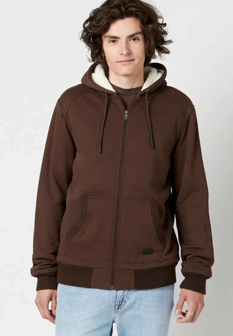 Fasox Men's Zip-Up Hooded Jacket with Sherpa Lining, Chocolate - BM23800