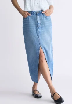 High Rise Samantha Women's Denim Skirt, Mid Blue Sanded - BL16008