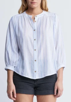Ishara Women’s Balloon Sleeve Striped Blouse, White & Light Blue - WT0097P