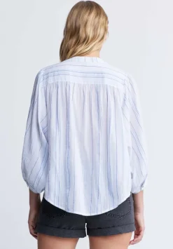 Ishara Women’s Balloon Sleeve Striped Blouse, White & Light Blue - WT0097P