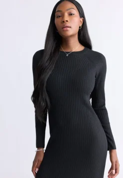 Jaida Women’s Long Sleeve Rib Knit Dress, Black - SD0004F
