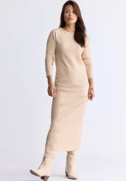 Jaida Women’s Long Sleeve Rib Knit Dress, Tan - SD0004F