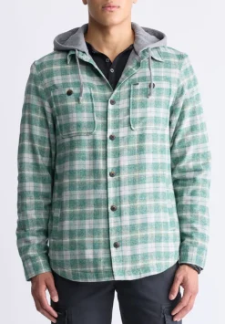 Jakeim Men's Plaid Hooded Shacket, Grey & Green - BM24443