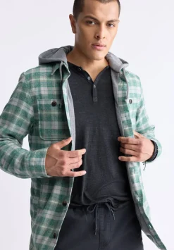 Jakeim Men's Plaid Hooded Shacket, Grey & Green - BM24443