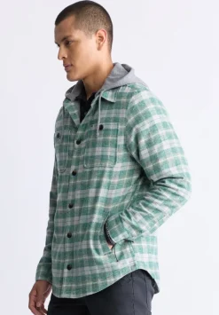 Jakeim Men's Plaid Hooded Shacket, Grey & Green - BM24443