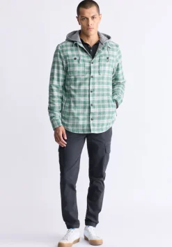 Jakeim Men's Plaid Hooded Shacket, Grey & Green - BM24443