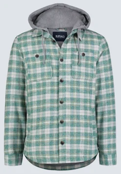 Jakeim Men's Plaid Hooded Shacket, Grey & Green - BM24443
