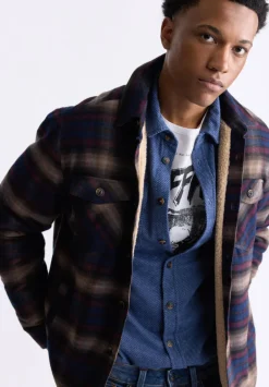 Jalika Men's Plaid Shacket with Sherpa Lining, Whale & Beige - BM24447
