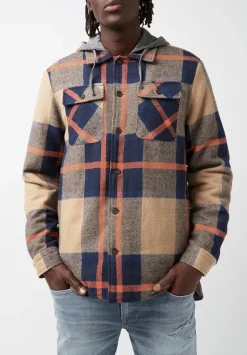 Jiref Men’s Hoodie Shacket in Tan & Navy Plaid - BM24048