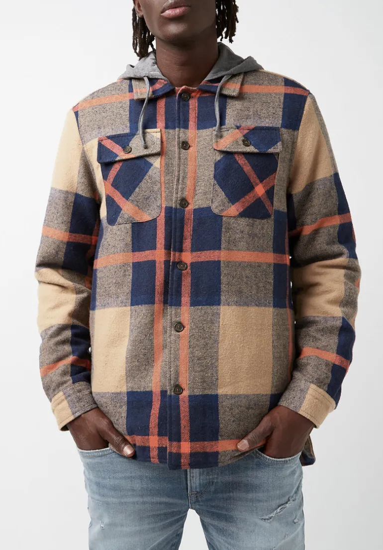 Jiref Men’s Hoodie Shacket in Tan & Navy Plaid - BM24048