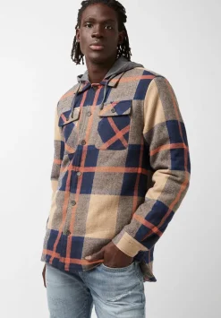 Jiref Men’s Hoodie Shacket in Tan & Navy Plaid - BM24048