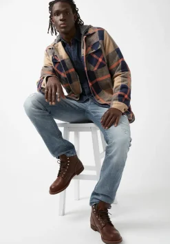 Jiref Men’s Hoodie Shacket in Tan & Navy Plaid - BM24048