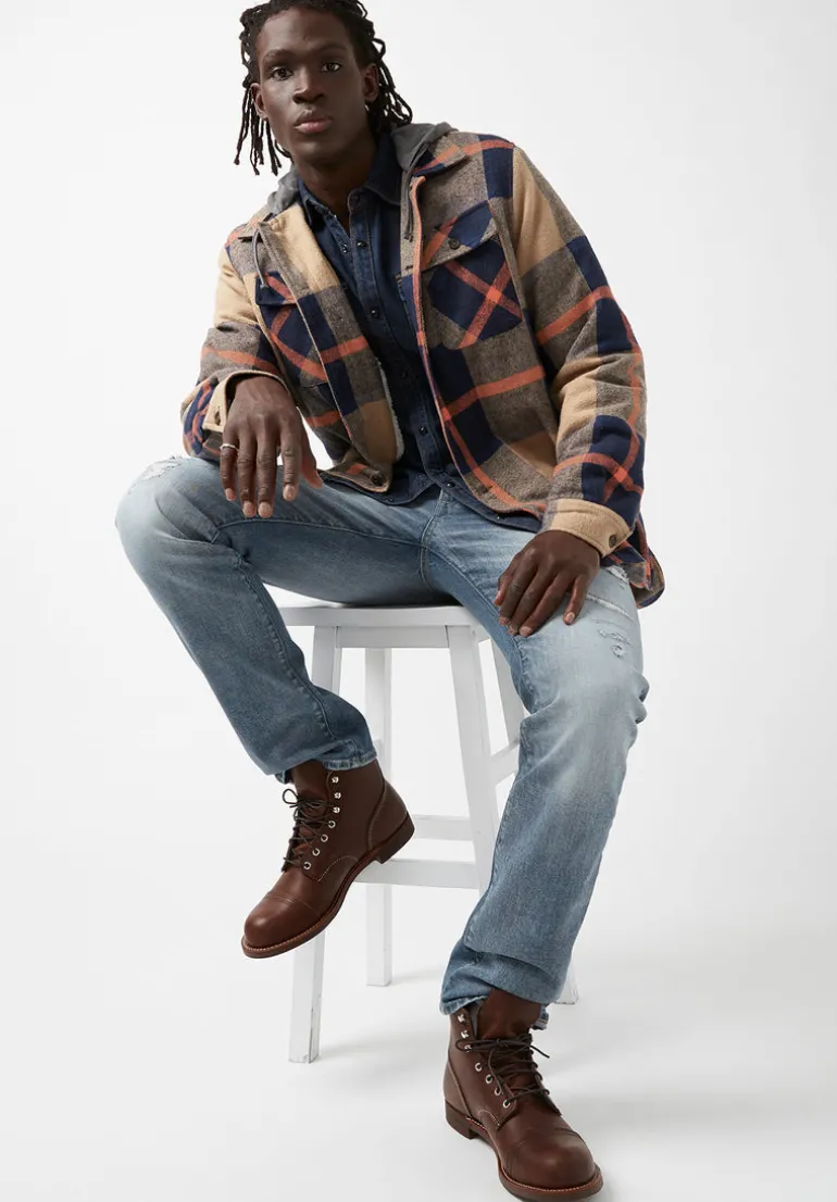 Jiref Men’s Hoodie Shacket in Tan & Navy Plaid - BM24048