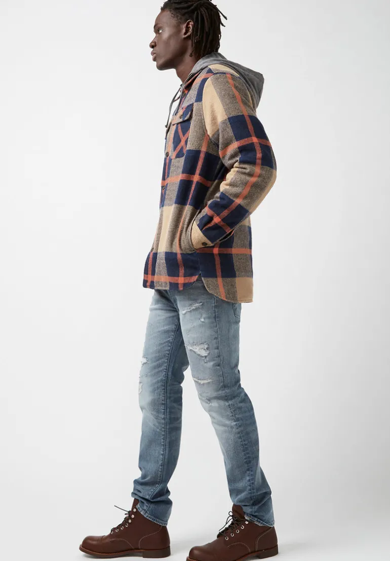 Jiref Men’s Hoodie Shacket in Tan & Navy Plaid - BM24048
