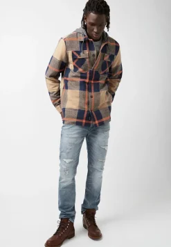 Jiref Men’s Hoodie Shacket in Tan & Navy Plaid - BM24048