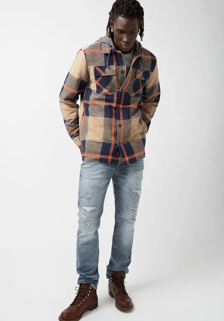 Jiref Men’s Hoodie Shacket in Tan & Navy Plaid - BM24048