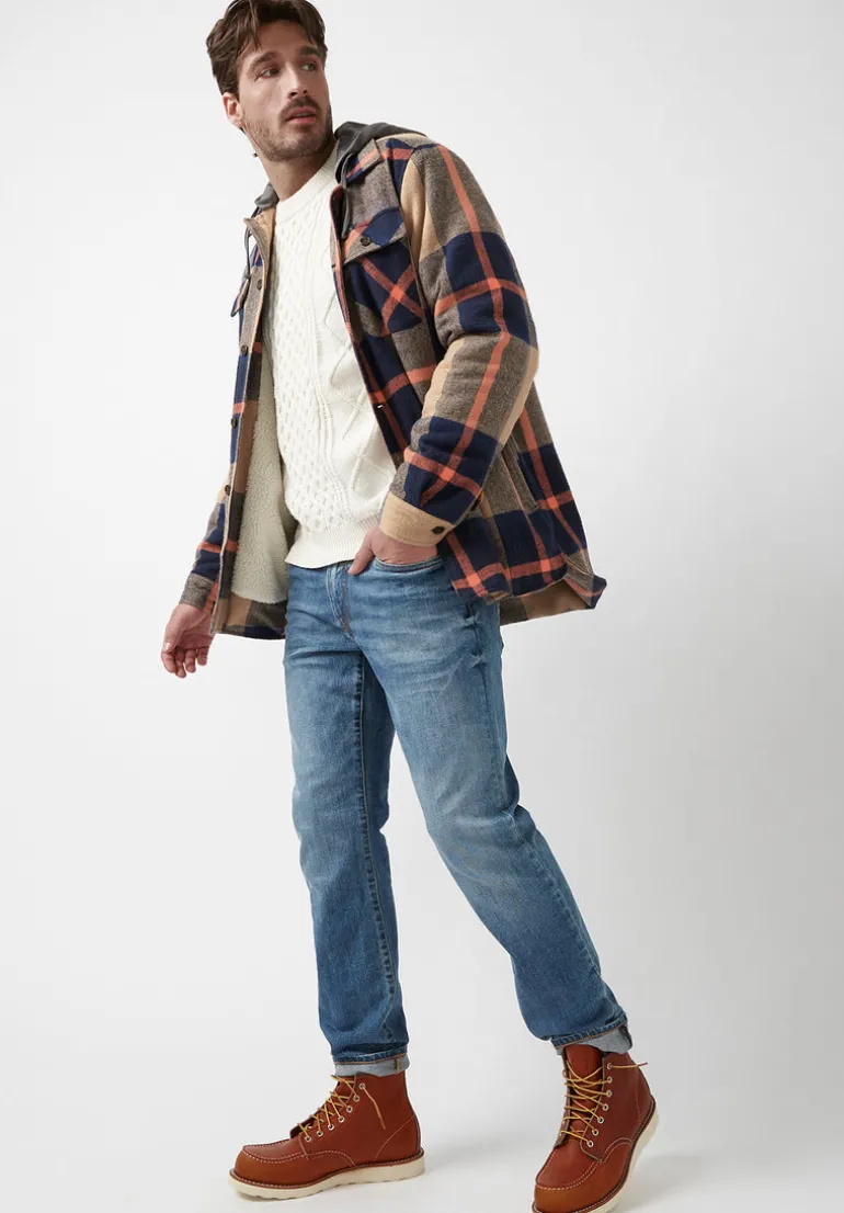 Jiref Men’s Hoodie Shacket in Tan & Navy Plaid - BM24048