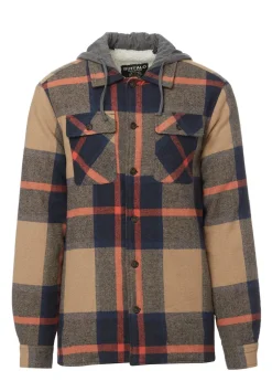Jiref Men’s Hoodie Shacket in Tan & Navy Plaid - BM24048