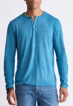 Kaduk Men's Long-Sleeve Burnout Henley Top, Atlantic Blue - BM24237