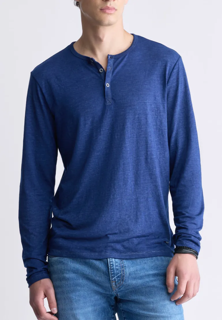 Kaduk Men's Long-Sleeve Burnout Henley Top, Whale - BM24237