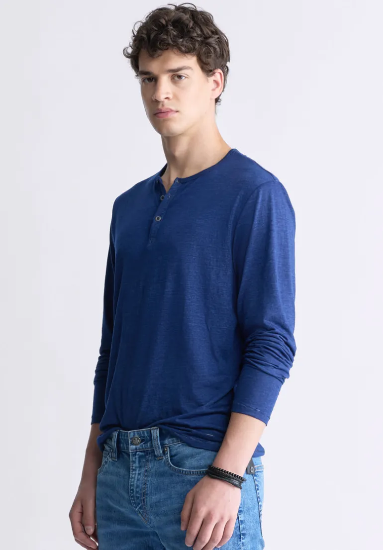 Kaduk Men's Long-Sleeve Burnout Henley Top, Whale - BM24237