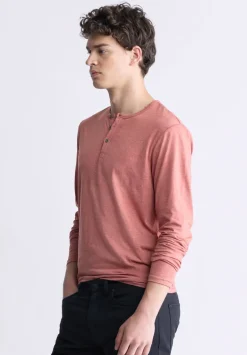 Kaduk Men's Long-Sleeve Burnout Henley Top, Red Ochre - BM24237