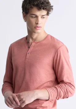 Kaduk Men's Long-Sleeve Burnout Henley Top, Red Ochre - BM24237